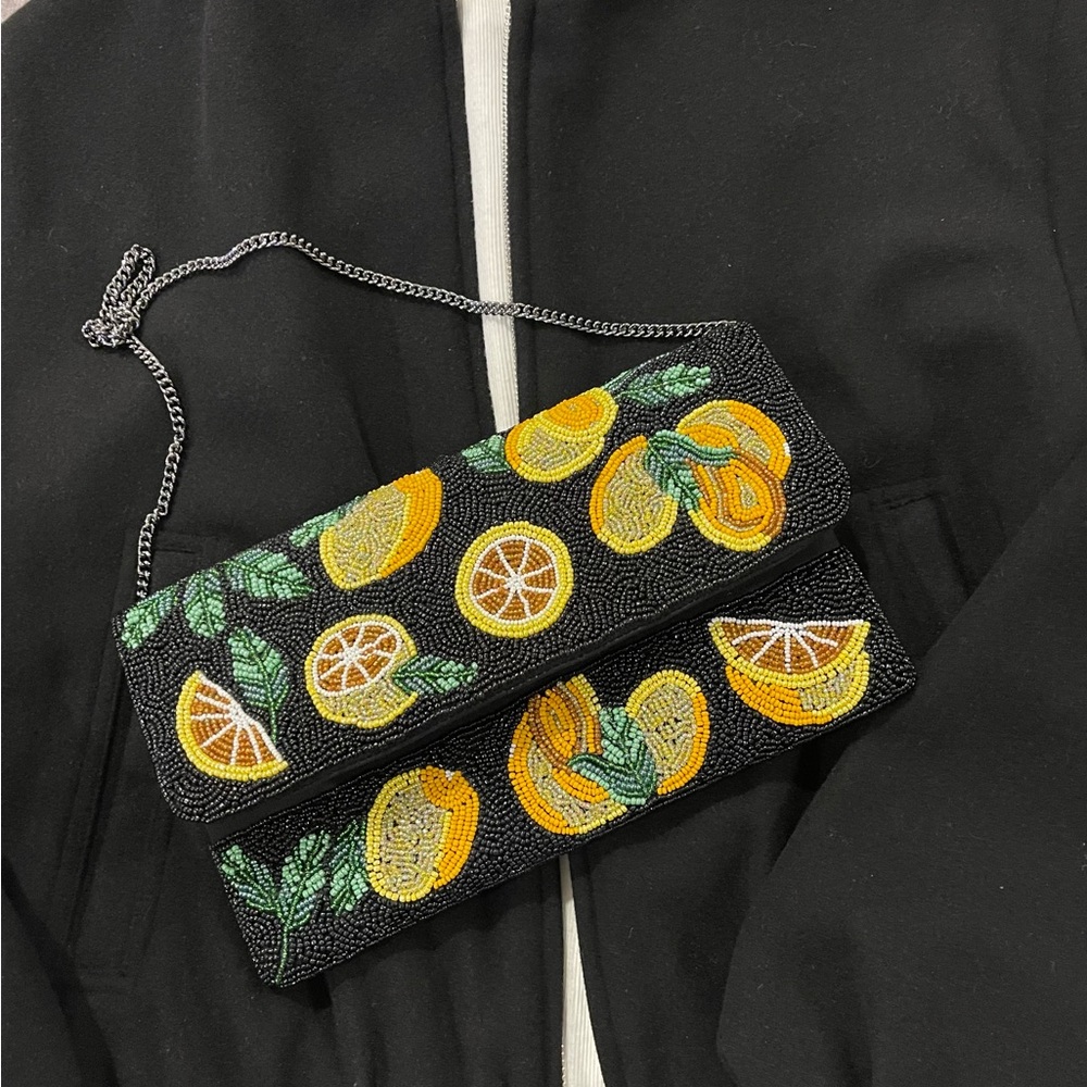 Lemon Beaded Clutch bag Black beaded clutch bag beaded shoulder bag NWT - Picture 7 of 8